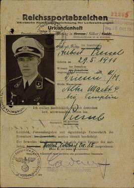 "Pressel, Herbert. Insignia deportiva del Reich en plata. Certificado. Berlín, 10 febrero 1944"