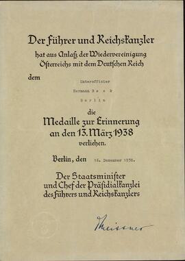 Beeck, Hermann. Mención de reconocimiento por sus actuaciones. 13 marzo 1938.