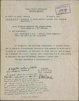 Informe de la División Italiana de Voluntarios al Cuartel General del Generalísimo sobre la requisa de vehículos, oficio (en italiano) firmado por el Coronel G. Bodini, de 19 abril 1939.