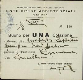 Castañé Lloret, Modesto. "Federazione dei faszi di combattimento". Bonos de racionamiento. Génova, 3 agosto 1936