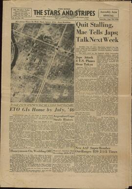 The Stars and Strikes: Daily Newspaper of U.S. Armed Forces in the European Theater of Operations. 18 agosto 1945. "Mac dice a los japoneses: no perdáis más el tiempo."