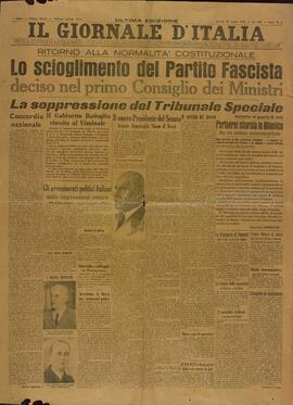Il Giornale d'Italia. "Regreso a la normalidad constitucional. la disolución del Partido Fascista decidida en el primer Consejo de Ministros". 29 de Julio de 1943