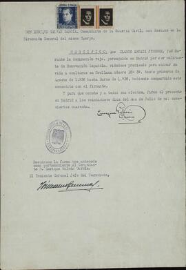 Arnaiz Jiménez, Eladio. Certificado de persecución por los rojos