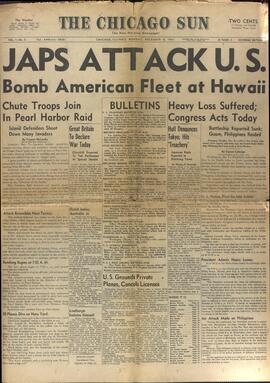 The Chicago Sun: el nuevo periódico matinal. 8 diciembre 1941. Japón ataca Estados Unidos."