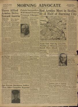 "Morning Advocate", Baton Rouge, Miércoles 25 de Abril de 1945. "Petain se rinde, se le someterá a juicio por cargos de traición."