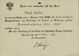 Certificados de participación en la Primera Guerra Mundial (1914-1918) de Josef Mattes, firmados en 1919, 1933 y 1934.