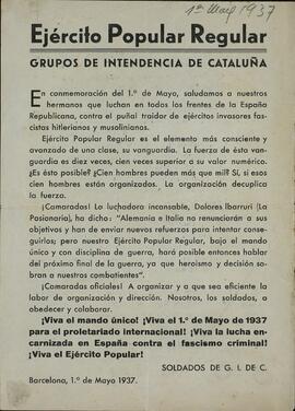 "Ejército Popular Regular. Grupos de Intendencia de Cataluña" (para promover el mando único y el esfuerzo coordinado). Barcelona, 1º de Mayo de 1937