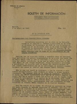 "De la División Azul". Boletín de información n.º 242. Embajada alemana en Madrid, 8 abril 1942