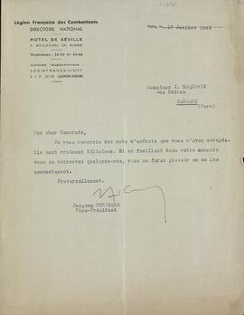 Carta de Jacques Pericard, Vicepresidente de la Legión Francesa de Combatientes a J. Esquenin sobre documentación recibida, Vichy, 17 de julio de 1941. (en francés).