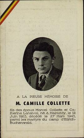 Esquela fúnebre de Camille Collette (1925-1945), asesinado en el campo de concentración de Buchenwald, c. 1946.