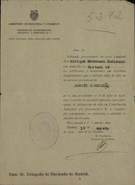 Behrmann Kuhlmann, Enrique (agente comercial alemán residente en España). Contribución industrial. Madrid, 2 julio, 19 agosto 1939 y 9 diciembre 1941