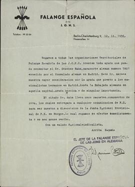 Falange Española de las Jons. Comunicado solicitando ayuda a Günther Rahn. Berlín, 12 Noviembre 1936