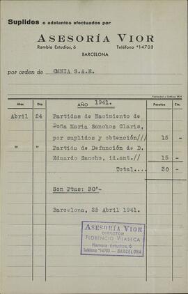 Vapor Uruguay. Sancho Contreras, Eduardo. Recibo. Barcelona, 25 abril, 1941