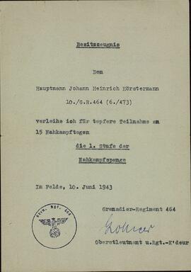 "Johann Heinrich Hörstermann. Certificado de concesión del distintivo de 1.ª clase de lucha cuerpo a cuerpo. 10 junio 1943"
