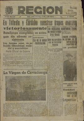 Región. "En Toledo y Córdoba nuestras tropas avanzan victoriosamente".  Oviedo, 28 marzo 1939.