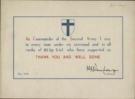 Nota impresa de agradecimiento del Teniente General Dempsey en la que agradece a cada hombre bajo su mando en apoyo prestado. Mayo de 1945. "Thank you and well done".