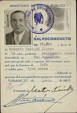 Castañé Lloret, Modesto. Salvoconducto. Valladolid, 30 junio 1938