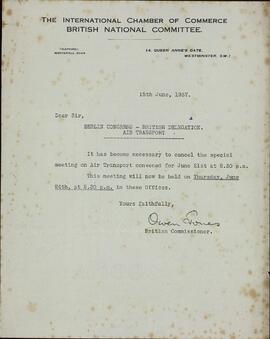 Owen, Jones. IX Congreso Cámara Internacional Comercio. Comité Nacional Británico. Transporte aéreo. 15 junio 1937