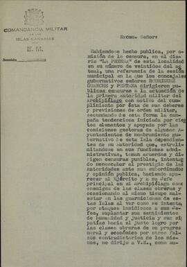 Carta (no firmada) de Francisco Franco Bahamonde al Gobernador Civil de Santa Cruz de Tenerife. Santa Cruz de Tenerife, 22 de mayo de 1936