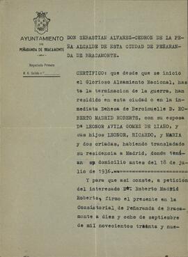 Madrid Roberts, Roberto. Certificado de residencia y constancia depuración c. 1939