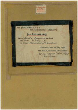 Richtoffen, Wolfram B. Recuerdo para el comandante general del Cuerpo de Ejército de Navarra. Tamarite,  23 diciembre 1938