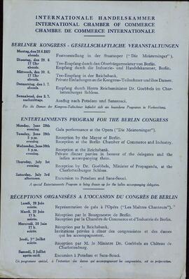 Programa de entretenimiento para el IX Congreso de Cámaras de Comercio Internacional. Berlín, 28 junio - 3 julio 1937