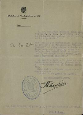 Martínez Alguacil, Eugenio. Traslado al Depósito de Prisioneros. Madrid, 1 abril 1940