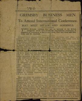 Recorte de prensa. "El hombre de negocios Grimsby atenderá al Congreso Internacional. Puede encontrarse con Hitler y Goebbles".