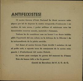 "Antifascistas". Comité de Barcelona del P.S.U. de C. (para limpiar la retaguardia de personas no adeptas). Probablemente 1936