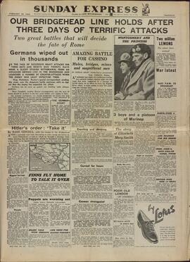 Sunday Express, "La línea del puente mantiene se mantiene después de tres días de terribles ataques", 20 de Febrero de 1944