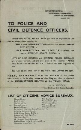 "A la policía y oficiales de defensa civil. Oficina de información". Manchester, enero 1942