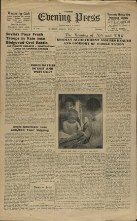Evening Press. Guernsey. 23 julio 1943. "Los soviéticos envían en vano tropas de refuerzo a la batalla de Bielgorod-Battle."