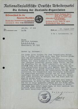 "Cartas de la organización extranjera del NDASP a Heinrich Behrmann: Carta de Buss sobre la situación del camarada Heydt y un posible viaje a España". 13 agosto 1937