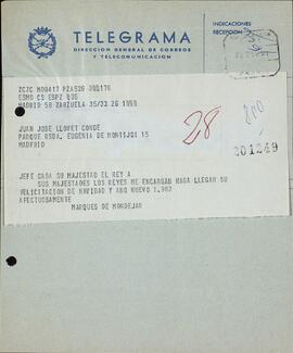 Nicolás Cotoner y Cotoner (1905-1996), XXIIº Marqués de Mondéjar. Felicitación de navidad, en nombre de S.S. M.M. los Reyes de España, a Juan José Llovet Conde. 26 diciembre 1981