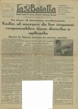 La Batalla. Órgano Central del Partido Obrero de Unificación Marxista. "En torno al terrorismo revolucionario, nadie, al margen de los órganos responsables, tiene derecho a aplicarlo". 19 septiembre 1936