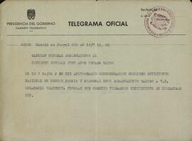 Telegrama del Capitán General del Departamento (Presidencia del Gobierno) al Teniente General Jefe del Alto Estado Mayor, felicitando por el XIXº Aniversario del Glorioso Movimiento, c. 1950