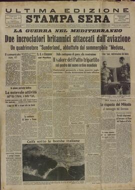 Stampa Sera. "Dos criceros británicos atacados por la aviación". Turín 2 - 3 octubre 1940