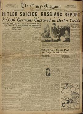 The Times Picayune. "Hitler se suicida, informan los rusos". 3 Mayo 1945