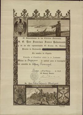 Diploma de Alférez Provisional del Sr. Don Pedro Peñaranda Mendizábal. Burgos, 19 de Marzo de 1939
