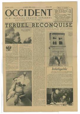 Periódico: Occident. Le bi-mensuel Franco-Espagnol.  "Teruel Reconquiste". 10 Marzo 1938 (Guerra de España)