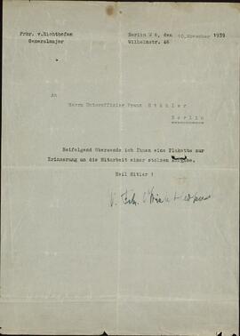 Stähler, Franz. Carta de W. von Richthofen a Franz Stähler. Berlín, 10 Noviembre 1939 (División Cóndor).