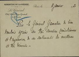 General Gamelin. "Nota manuscrita desde el Ministerio de la Guerra. París, 11 enero 1921"