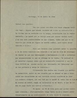 Vapor Uruguay. Sancho Contreras, Eduardo. Carta de Raquel Claro Velasco (esposa) a Rafael Sancho Contreras, conde de Montalvo (hermano). Santiago de Chile 22 julio 1944