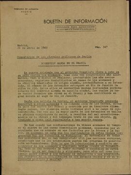 "Roosevelt manda en el Brasil". Boletín de información n.º 247. Embajada alemana en Madrid, 21 abril 1942