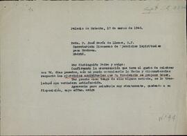 Colección Francisco Franco. Llanos, José María de (Padre). Informando sobre retiros espirituales de Francisco Franco Bahamonde. Madrid, 13 de marzo de 1943