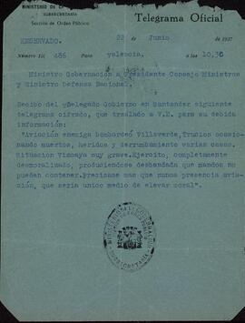 Bombardeos sobre Villaverde y Trucios. Caída de Vizcaya. Sección de Orden Público del Mº de la Gobernación. 22 junio 1937. Insuficiencia de la aviación republicana (Guerra Civil).