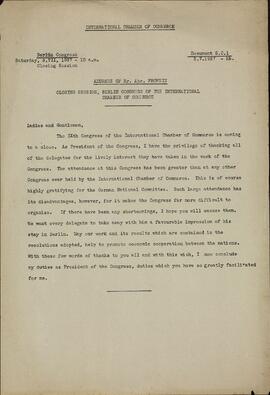Frowein, Abr. IX. Sesión de Clausura. IX Congreso Cámara Internacional Comercio. Berlín, 3 julio 1937