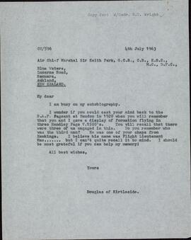 Park, Keith. Carta a Douglas of Kirtleside, 4 julio 1963