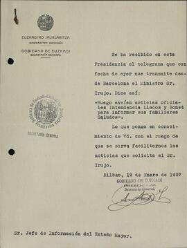 Gobierno de Euzkadi. Informes sobre oficiales Llados y Bonet. Bilbao, 19 enero 1937