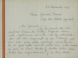 Colección Francisco Franco. Carta de María Santos Kant (novia de José Antonio Primo de Rivera) a Francisco Franco. 24 de noviembre de 1936